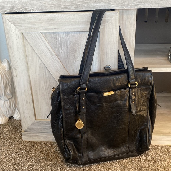 T Tahari Genuine Leather Handbag Purse Satchel Large Tote Black Gold Accents - Picture 3 of 16